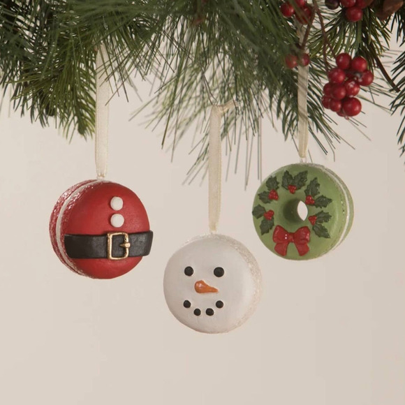 Bethany Lowe Christmas Macaron Cookie Ornaments Set of 3 Santa Snowman Wreath - Picture 1 of 2